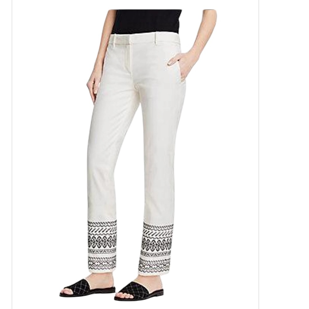 Ann Tylor ivory black embroidered cotton pant size 10new